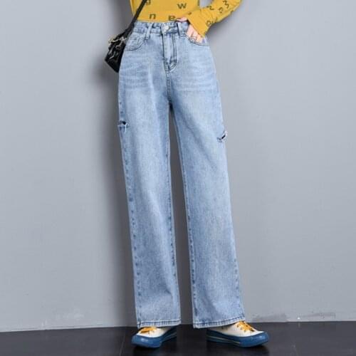 2020 Spring summer High Waist Straight Jeans Women Casual Loose boyfriend Wide Leg Jeans woman Trousers ripped Pants Plus size