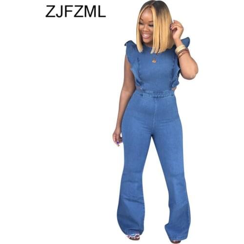 Plus Size Casual Denim Jumpsuits Women Blue Butterfly Sleeve Backless Bandage Romper Summer Sleeveless Zipper Up Party Overall