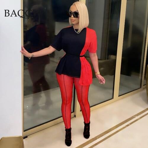 Contrast Color Sexy High Waist Transparent Pants Skinny Outfits for Women Summer Short Sleeve Shirt 2 Piece Set Casual Sweatsuit