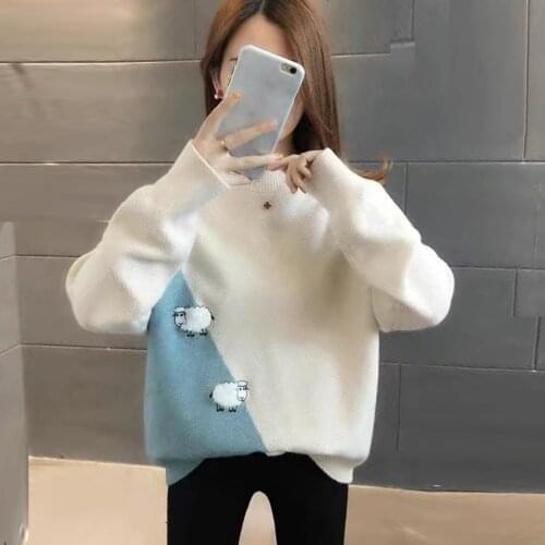 Sweaters Women Fall Winter Casual O Neck Color Contrast Patchwork Pullover Embroidery Sweater Lady Long Sleeve Loose Knit Jumper