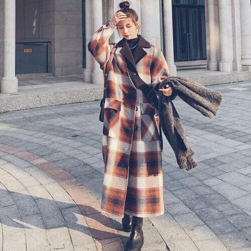 Womens Woolen Coat 2021 Winter New Long Loose Korean Fashion Lapel Long Sleeve Single-Breasted Stitching Plaid Thick Jacket 5H