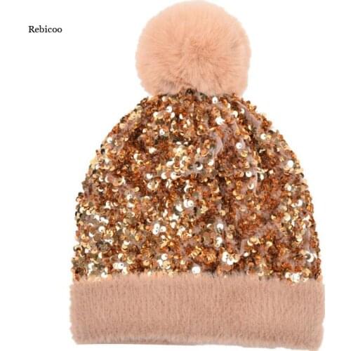 Winter New Sequin Knitted Hat Women Autumn Soft Warm Beanies Caps Bonnet Girls Ladies Casual Hat
