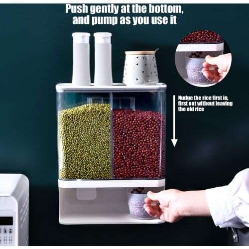 Behogar Dry Food Dispenser 3000ml 2-Grid Wall Mounted Grains Rice Cereal Storage Container Box Tank with Lid for Home Kitchen