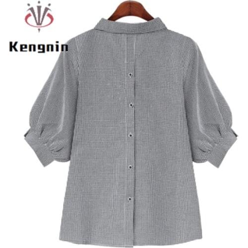 European Chic Loose Oversized Women Blouse Summer Plaid Female Tops Back With Button Design Ladies Shirts Black Blause KE1725
