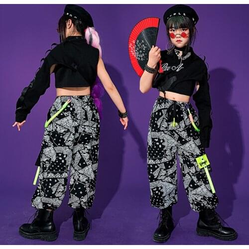 ChildrenS National Tide Hip-Hop Dance Costumes For Girls Single Sleeved Hiphop Pants Jazz Dance Performance Clothes DQS7411