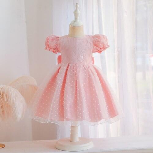 Baby Girl Puff Sleeve Princess Customer Childrens Mesh Embroidery Clothing Baby Girls First Birthday Party Dress of 0-4 Y