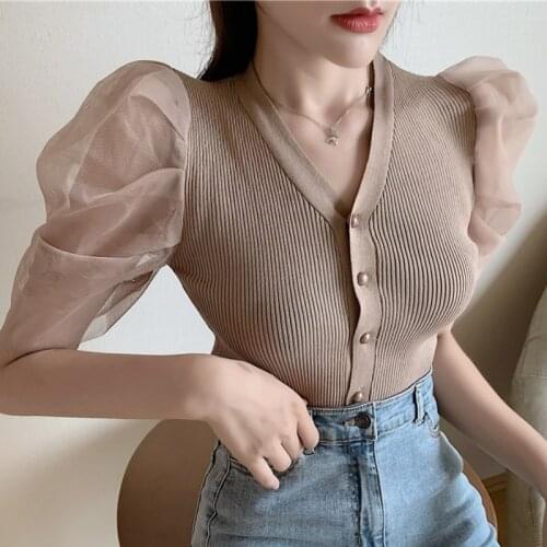 Chic Harajuku Knitted T Shirt Women Summer Short Puff Sleeve tshirt White Black Top t shirt femme camiseta mujer