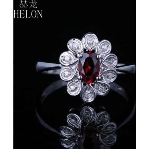 HELON Solid 10k White Gold Flawless oval 6X4mm Genuine Garnet diamonds Engagement Wedding Women Fine Jewelry Ring Setting