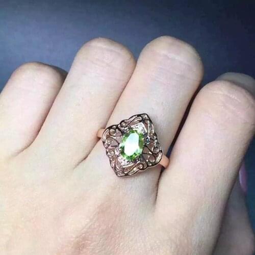 Natural green peridot gem ring Natural olivine ring S925 sterling silver ring Delicate trendy Hollow women girl gift Jewelry
