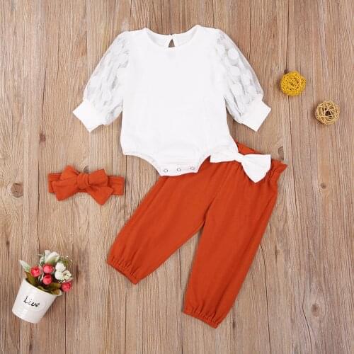 3 Pcs Newborn Baby Girl Clothes Casual Outfits Puff Sleeve Round Neck Romper + Bow Trousers + Headband