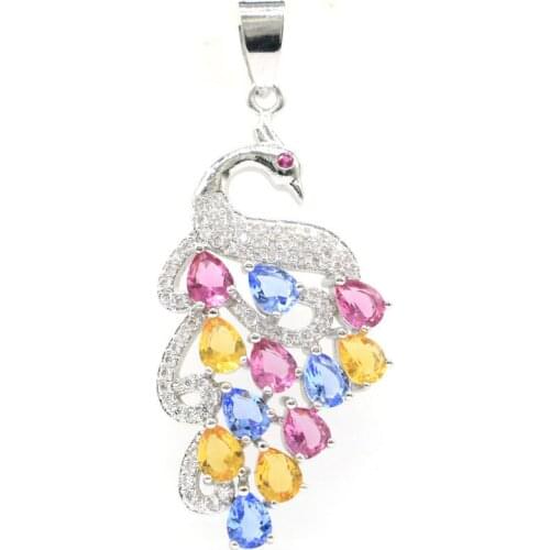 46x20mm Multi Color Peacock 4.3g Created Pink Tourmaline Violet Tanzanite Golden Citrine CZ Women 925 Sterling Silver Pendant