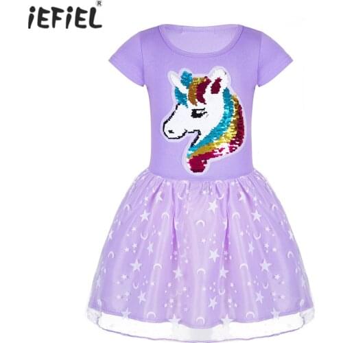 Summer Girls Dress Kids Short Sleeve Sequin Horse Applique Clothing Pleated A-line Mesh Princess Dress Children Party Dresses