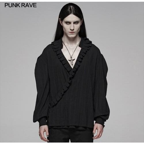 PUNK RAVE Mens Gothic White Black Low-cut Floral Cotton-linen Loose Shirt Party Club Stage Performance Elegant Men Shirts Tops