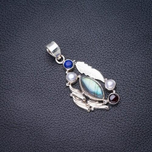 StarGems Natural Blue Fire Labradorite Lapis Lazuli,Amethyst And River Pearl Handmade 925 Sterling Silver Pendant 2" E4188