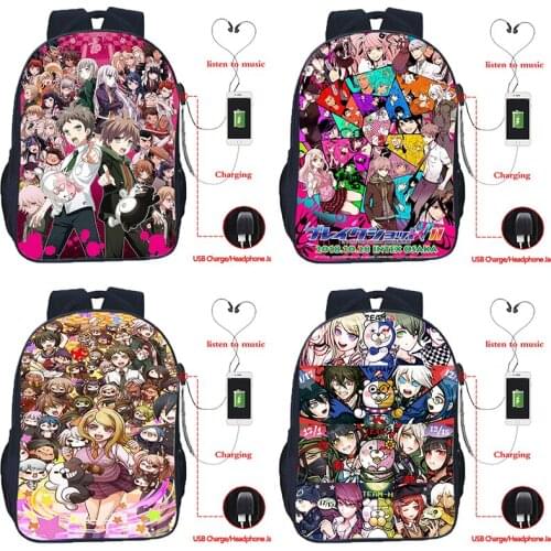 Danganronpa School Bag Monokuma Makoto Naegi 16inch Backpack Kirigiri Kyouk Boy Girl Teenager Usb Cable College Student Bookbag