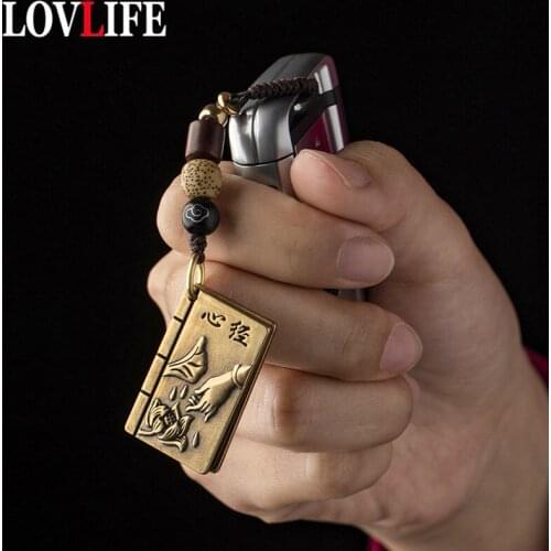 Vintage Brass Sanskrit Heart Sutra Buddhist Lanyard Pendants for Keychain Women Men Key Chains Hanging Jewelry Buddha Hand Tags