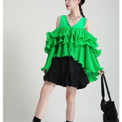 2021 New Summer Casual Ladies T-shirt Green Loose High Quality Women Tee Cotton Fashion Elegant Irregular Female Tops T26