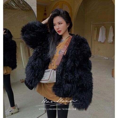 2020 New Fashion Design Real Leather Sheep Curl Fur Jacket Women Coat Winter Womens Curly Yarn Leather Fur Coat Streetwear