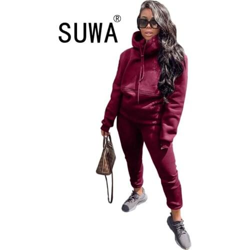 Women Sportswear Workout Tracksuit 2 Piece Sets Long Sleeve Hooded Wam Sweatshirt Hoodie+Jogger Sweatpants Active Wear Outerwear
