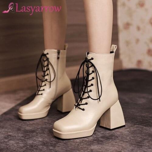 Lasyarrow 2021 Autumn Winter Women Ankle Boots Cross Tied Women Square High Heel Boots Platform Square Toe Womens Boots