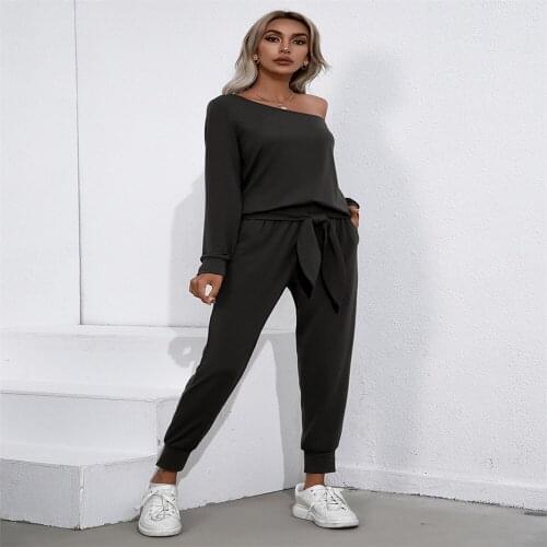Pant Suits Women Outfits Bandage Pockets Oblique Shoulder Long Sleeve Top+Elastic Waist Slim Pencil Pants 2 Piece Sets Tracksuit