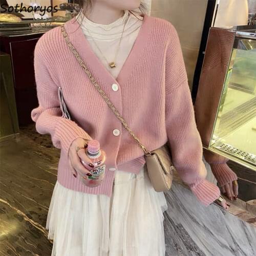 Women Solid Cardigan Knitted Sweater Long Sleeve Loose Elegant Female All-match Spring Simple Outwear Korean Style Casual Coats