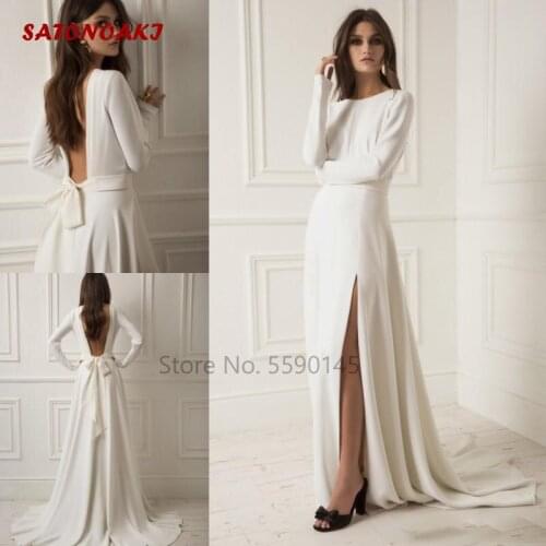 2020 Split Satin Wedding Dress Long Sleeves Bridal Gowns Backless Custom Boho Vestido De Novia Undefined Robe Mariage Online