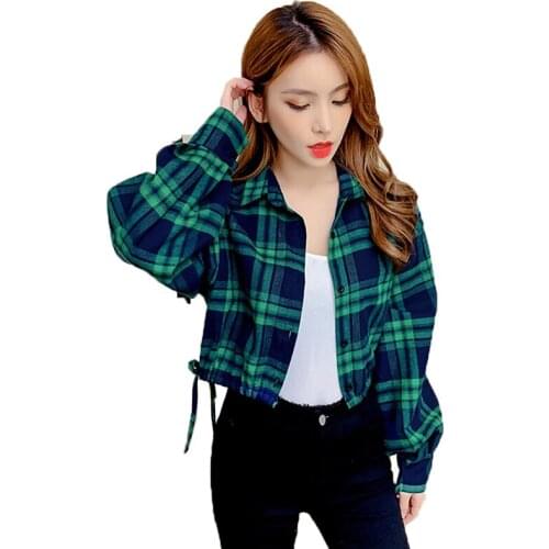 Plaid Coat Women 2020 New Spring Autumn Coat Short Womens Check Jackets Outwear Long Sleeve Green Shirt Jacket Female Tops K418