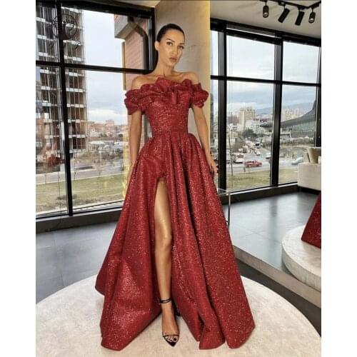 2021 Fashion Prom Dresses Off the Shoulder Ruffled Neck Short Sleeve Bling Bling Thigh Burgundy Vestidos De Formature