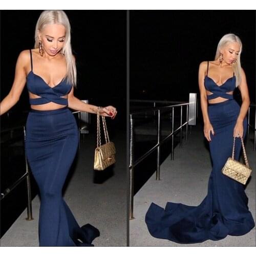 Sexy Navy Blue Cut Out Prom Stain Mermaid Long Robe De Soiree Custom Made Vestido Para Festa 2018 Vestidos Bridesmaid Dresses