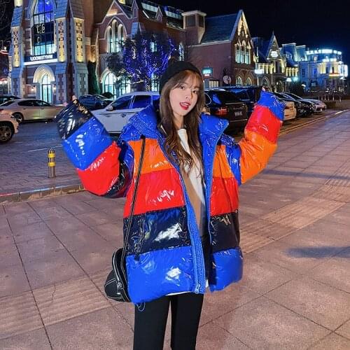 Womens Winter Padded Coat Female Loose Rainbow White Duck Down Big Size Colors Bright Cocoon Hooded Short Bread Fashion Jacket