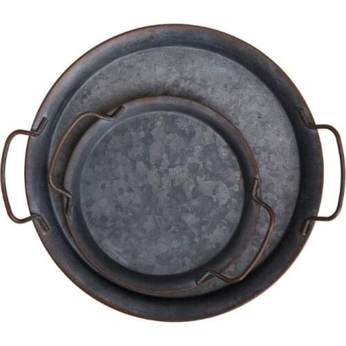 1PC European Retro Storage Tray Metal Plate With Handle Handcrafted Round Wrought Vintage Bread Tray Home Garden Restaurant Tool