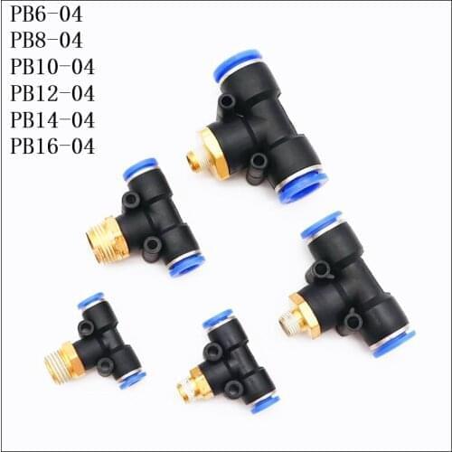 8-25Pc/Lot PB6-04,PB8-04,PB10-04,PB12-04,PB14-04,PB16-04 "T"Tee Pneumatic Connector 6,8,10,12,14,16mm-1/2 Air Gas Quick Coupling