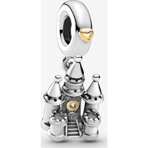 Free Shipping Authentic 925 Sterling Silver Two-Tone Castle Dangle Charm Fit Original Pandora Bracelet For Women DIY Jewelry