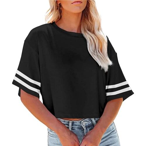 Womens Tops And Blouses Fashion Womens Solid Splicing Medium Sleeve Round Neck Navel Top Blouses Blusas Mujer De Moda 2021