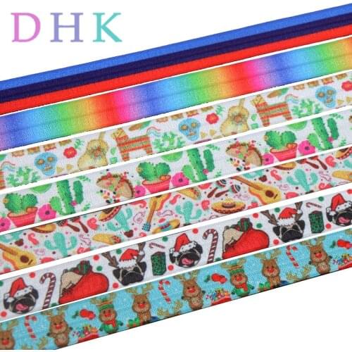 DHK 5/8'' 5yards gradient christmas mexico cactus printed Fold Elastic FOE stretch ribbon hairbow headwear headband DIY C1602