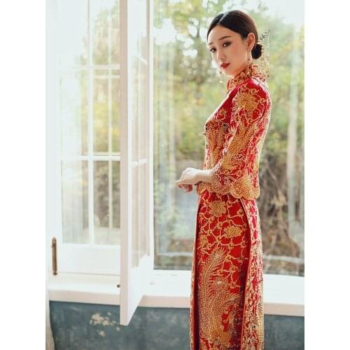 Elegant Chinese Style Qipao Bride Exquisite Dragon Phoenix Embroidery Party Wedding Dress Hanfu Clothing Plus Size S-2XL