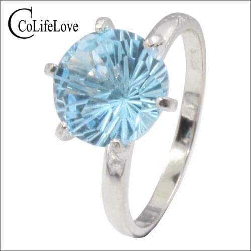 Classic light blue topaz ring for evening party 10 mm round cut natural VVS topaz silver ring 925 silver topaz fine jewelry