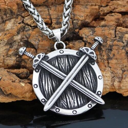 Men Nordic viking Shield Sword Talisman Rune necklace stainless steel with viking gift bag