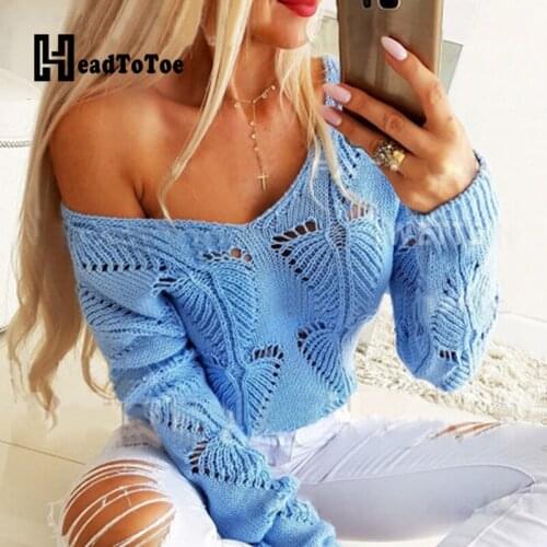 Hollow Out Solid Knitted Sweaters Women Full Sleeve V Neck Casual Pullover Tops