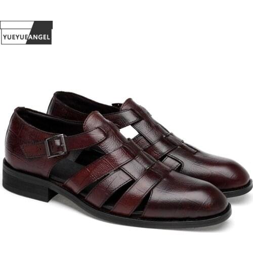 Summer Business Men Casual Hollow Out Pointed Toe Cowhide Leather Sandals Breathable Vintage Work Gladiator Shoes Beach Sandals