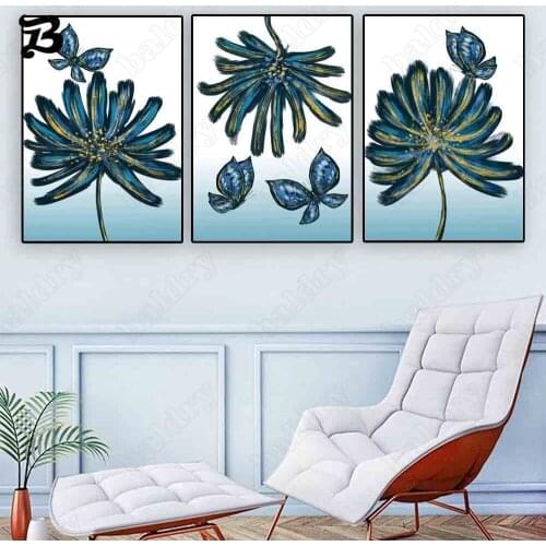 Nordic Modern Plants Oil Painting Gradient Blue Leaves and Flowers Wall Art Canvas Painting for Living Room Home Wall Decoration