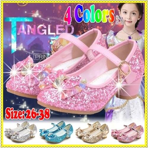 Princess Kids Leather Shoes for Girls Flower Casual Glitter Children High Heel Girls Shoes Butterfly Knot Blue Pink Silver