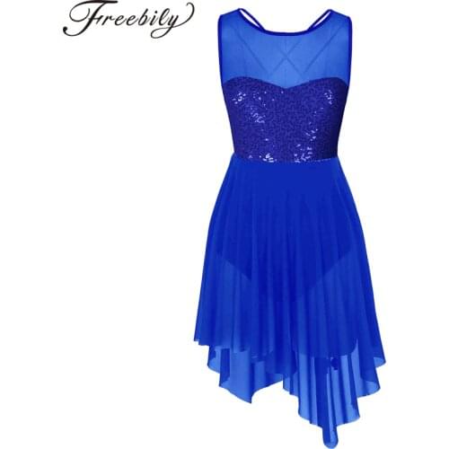Women Lyrical Dresses Dance Costumes Ice Skating Modern Elegant Sequined Illusion Sweetheart Tank Top High-low Performance Dress