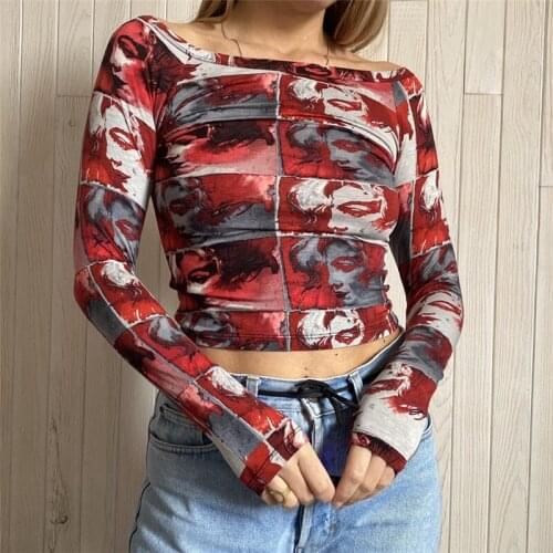 Dourbesty Women Face Printed T-Shirt Long Sleeve Square Neck Crop Tops E-Girl T- Shirt Streetwear Grunge Fairy Tee Mujer 2021
