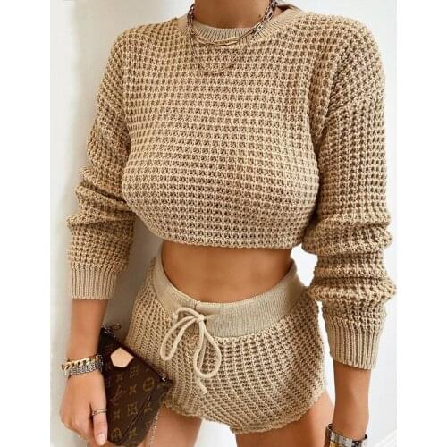 Women Autumn O Neck Casual Outfits Sweater Sets Long Sleeve Knit Shirt Tops And Loose Shorts Buttom Suit Two Piece Sets 2020