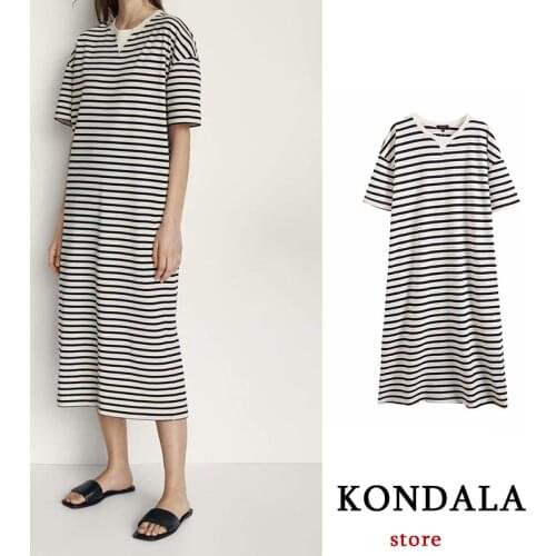 KONDALA Women 2021 New 100% Cotton Sundress Fashion O-Neck Short-Sleeved Striped Minimalist Mid Dress casual Mujer Vestidos
