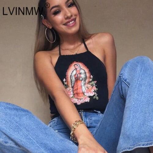 LVINMW Lace Up Halter Backless Print Vintage Slim Tank Virgin Mary Printed Sexy Fashion Women Crop Top Sleeveless Summer Tops