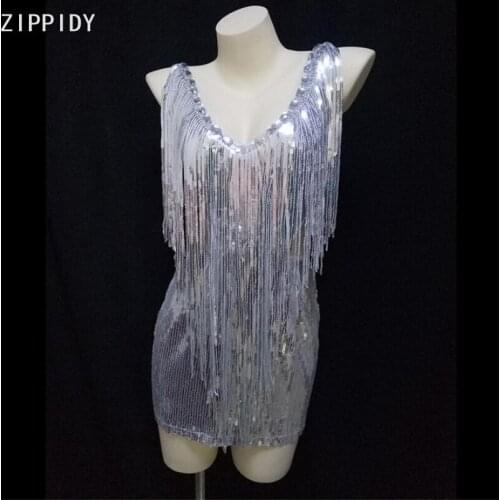 Full Silver Sequin Fringe Dress Bar Birthday Prom Party V-neck Outfit DS Women Singer Dance Hollow Out Short Dress