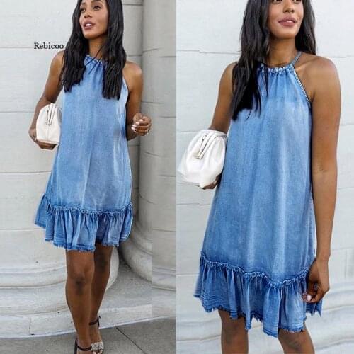 Women Elegant Dress Cutout Slit Sleeveless Casual Denim Dress Sexy Summer Vacation Dress